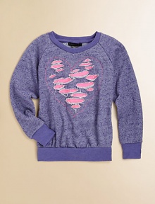 A tweedy knit of soft, plush French terry is artfully adorned with colorful cutouts that form an abstract heart.Ribbed crew necklineLong raglan sleeves with smooth knit cuffsSmooth knit banded hemFrayed, front heart cutout design80% cotton/20% polyesterHand washImported