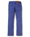 Lavender denim jeans with signature M pockets on back.