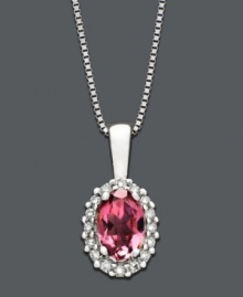 Channel a look fit for royalty. Pendant features vibrant oval-cut pink tourmaline (3/8 ct. t.w.) surrounded by a sparkling halo of round-cut diamond accents. Crafted in 14k white gold. Approximate length: 18 inches. Approximate drop: 1/2 inch.