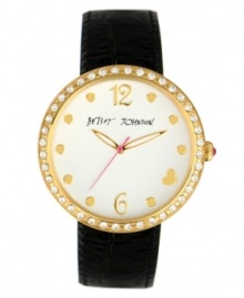 Betsey Johnson adds her signature sassiness to this classic watch design. Black croc-embossed leather strap and round gold tone stainless steel case. Bezel embellished with crystal accents. White dial features silver gold numerals at twelve and six o'clock, dot markers, heart marker at four o'clock, gold tone hour and minute hands, signature fuchsia second hand and logo. Quartz movement. Water resistant to 30 meters. Two-year limited warranty.