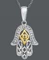 Intricate style and a touch of good luck. This symbolic hamsa pendant features a filigree and cut-out design accented by sparkling diamonds. Crafted in sterling silver with 14k gold accents. Approximate length: 18 inches. Approximate drop: 7/8 inch.