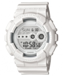 Blinding style from G-Shock. This all-white sport watch is a helpful guide while on-the-go with world time and alarm functions.