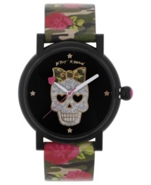 Beautifully dark. This Betsey Johnson watch flaunts floral patterns and eye-catching graphics.