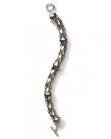 A cleverly crafted chain bracelet with a smooth, rounded shape with ring ring stations in polished silver plate.