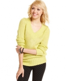 Heat things up in a JJ Basics sweater made cozy with thick ribbed trims and a chunky knit design.