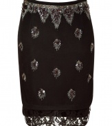 Get noticed into this ultra-luxe lace-trimmed embellished pencil skirt from No.21 - Bead and sequin embellished waistband, modern pencil silhouette, asymmetric curved hem with side vents and lace underlay, front bead and sequin embellishment, slim fit - Wear with a sheer silk blouse, a leather jacket, and platform pumps