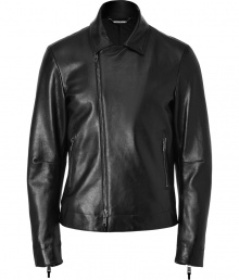 The classic bike jacket goes luxe with this streamlined version from Jil Sander - Small spread collar, asymmetrical zip closure, long sleeves with zip cuffs, zip pockets - Modern slim straight cut - Style with straight leg jeans, sleek trousers, or corduroys