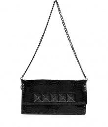 Bring hard-edge glamour to cocktail looks with this pyramid stud accented python embossed clutch from MICHAEL Michael Kors - Rectangular shape, flap with black crystal embellished pyramid studs, removable chain-link shoulder strap, glossy black python embossed leather, inside front wall slot pocket - Style with a form-fitting cocktail dress, a leather jacket, and platform pumps