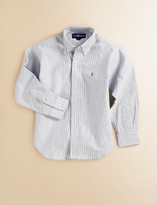 An all-season favorite in cotton oxford and fresh stripes, embroidered with the iconic polo player. Button-down collar Button front Barrel cuffs Shirttail hem Cotton; machine wash Imported