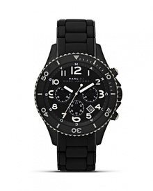 Solid and stylish, this brushed gunmetal watch from MARC BY MARC JACOBS with a silicone bracelet, date feature, bold accents, and chronograph movement will take your style up a tick. Wear it to sharpen your look.