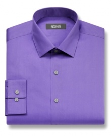 Stay on solid ground in any business situation with this crisp slim-fit dress shirt from Kenneth Cole Reaction.