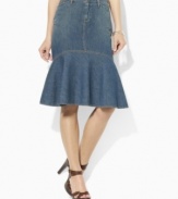 A breezy flared hem lends feminine charm to this skirt, rendered in washed, timeworn denim for a vintage-inspired look from Lauren Jeans Co.