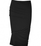 Luxurious skirt fine black stretch viscose - Crazy elegant with decorative infinity draping - An ultra glamorous version of the classic pencil skirt - Cut close to the body, the hem ends at the knee - Super chic, super sexy, a dream of a skirt for fashionistas who know what they want - A mega hit for business and important parties and events - Wear in the office with an elegant blouse and pumps, for evening with a sexy top and gladiator sandals