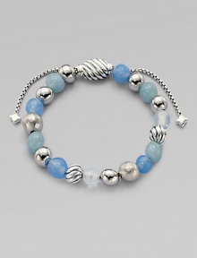 From the Spiritual Bead Collection. Singing the blues with a pretty strand in soft blue shades, combining beads of blue chalcedony, aquamarine, moon quartz and sterling silver with an oval cable slide clasp.Blue chalcedony, aquamarine and moon quartzSterling silverDiameter, about 2Adjustable slide claspImported