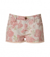 Get the look of the moment in these must-have printed shorts from Current Elliott - Classic five-pocket styling, boyfriend cut, all-over rose print, frayed hem - Style with wedge heels, an oversized tee, and a boyfriend blazer