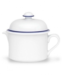 Named for a trendy Copenhagen neighborhood but designed with timeless style, the Christianshavn Blue covered creamer features a double band of navy in pristine white porcelain. From Dansk.