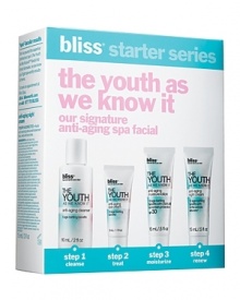 An at-home introduction of Bliss Spa's signature anti-aging The Youth As We Know It facial, this kit includes introductory sizes of top turn-back-time formulas.Cleanse: dissolve makeup and impurities with the anti-aging cleanser. Treat: pat the anti-aging eye cream around the eye area. Moisturize: safeguard skin in the morning with the SPF 30 anti-aging moisture lotion. Renew: at night, massage the anti-aging night cream over face and neck.This set contains: - 0.1 oz. Anti-Aging Eye Cream- 0.5 oz. Anti-Aging Night Cream - 0.5 oz. Anti-Aging Moisture Lotion - 2 oz. Anti-Aging Cleanser