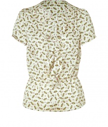 Stylish blouse in fine, beige print synthetic fiber - Chic butterfly and floral motif - Short sleeves and round neck - Button placket with decorative ruffle embellishment - Slim, ultra-feminine silhouette - Gently tapered, gathered waist - Ideal for both work and leisure, great for everyday - Pair with wide-leg or slim, 7/8 trousers and ballet flats or platform pumps