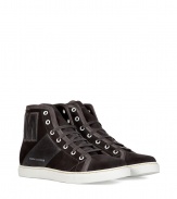 Finish your look with a school-cool edge in Marc Jacobs lettered high top sneakers, detailed in tonal charcoal suede for that chic, Downtown feel - Rounded toe, tonal leather trim, flat laces, white eyelets, stitched welt, white rubber sole - Team with favorite jeans, or for a modern-preppy edge, with chic colored cords