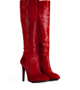 Ultra glamorous in shocking red haircalf, Burak Uyans knee high boots guarantee an eye-catching luxe edge to your outfit - Rounded toe, inside zip, tonal leather covered stiletto heel - Knee height - Wear with statement dresses and jet black accessories