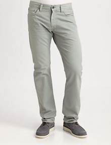 All time favorite slim straight silhouette in a lightly washed cotton twill.Five-pocket styleZip flyInseam, about 34CottonMachine washMade in USA