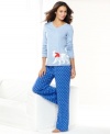 Sweet dreams are all yours in this cozy and cute set by Hue. The Dream Knit top features a dream graphic print and red contrasting stitching, while the polka dot pajama pants feature an elastic waistband.