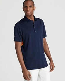 A classic fit polo with a contrast racerback panel makes a statement on and off the course.