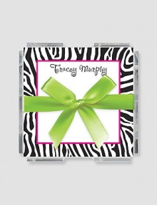 Fun little memo notes are perfect for quick notes and reminders...stick them in briefcases, purses or backpacks! Includes 200 notes Zebra-pattern border Arrives in Lucite holder wrapped in grosgrain ribbon 4 X 4 notes Made in USAFOR PERSONALIZATIONSelect a color and quantity, then scroll down and click on PERSONALIZE & ADD TO BAG to choose and preview your monogramming options. Please allow 2-3 weeks for delivery.