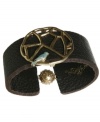 This trend will have you tweeting to all your friends. A combination of dark brown cow leather and an intricate cut-out branch charm with a blue bird accent create Lucky Brand's ultra-chic cuff bracelet. Set in gold tone mixed metal with a trendy ball-shaped clasp. Approximate diameter: 2-1/2 inches.