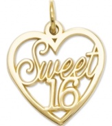 The perfect birthday gift to commemorate a special day. This heart-shaped charm features the words Sweet 16 in cut-out 14k gold. Chain not included. Approximate length: 9/10 . Approximate width: 3/5 inch.