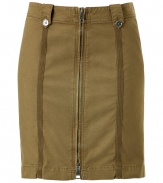 Chic skirt in fine, khaki green cotton stretch blend - Fitted pencil style hits above the knee - Button flap detail at waistband - Back slit - Contrast vertical piping creates the illusion of a longer, leaner silhouette - Zips at front - Casual yet cool, easily dressed up or down - Pair with a silk tank and slim leather jacket or a t-shirt and light cashmere cardigan