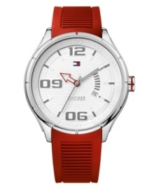 All-American style with a burst of color from Tommy Hilfiger. Watch crafted of red ribbed silicone strap and round stainless steel case. White striped dial features applied Arabic numbers at twelve, six and nine o'clock, stick indices, minute track, red arrow hour hand, gray minute and second hands, date window at four o'clock and iconic flag logo at twelve o'clock. Quartz movement. Water resistant to 50 meters. Ten-year limited warranty.