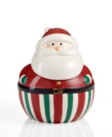 Round and irresistible, the Santa's Delight cookie jar from Gibson depicts jolly ol' St. Nicolas after a few too many treats. A striped base and cartoonish face add to his whimsical appeal.