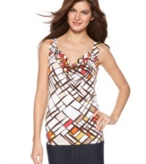 Square one: Build an office-ready outfit with this no-fuss tank top from Ellen Tracy! The cowl neckline and graphic print dress up this wardrobe must-have.