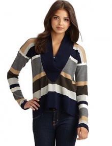 THE LOOKStripe pattern throughoutRibbed shawl collarLong sleevesStraight front hemCurved, longer back hemTHE FITAbout 26 from shoulder to hemTHE MATERIAL70% wool/30% cashmereCARE & ORIGINDry cleanImported