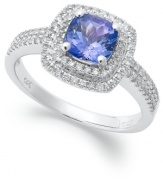 Sparkling perfection. This chic, cushion-shaped ring features a tanzanite center stone (1-1/5 ct. t.w.) surrounded by doubled rows of round-cut diamonds (1/3 ct. t.w.). Set in 14k white gold.