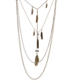 Style that will have you feeling light as a feather. Betsey Johnson's chic necklace features a layered look with multiple chains and feather charms accented by crystals and bows. Crafted in mixed metal. Approximate length: 15 inches + 3-inch extender.