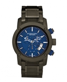 This Burberry timepiece features a gray ion-plated stainless steel bracelet and round case with knurled bezel. Blue chronograph dial features applied silver tone stick indices, white minute track, date window at four o'clock, three subdials, three hands and logo. Quartz movement. Water resistant to 100 meters. Two-year limited warranty.