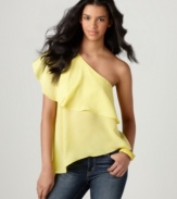 With a dramatic ruffle and asymmetrical hem, this bright BCBGeneration top adds a bold splash of style to any of your spring denim!