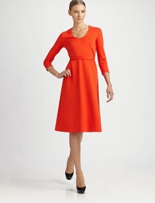 This brightly-hued cotton style features a flattering A-line silhouette and cinches at the waist with a slim self belt.ScoopneckThree-quarter sleevesDetachable snap-close self beltA-line silhouetteAbout 26 from natural waistViscose/nylon/cupro/spandexDry cleanMade in Italy of imported fabricModel shown is 5'10 (177cm) wearing US size 4. 