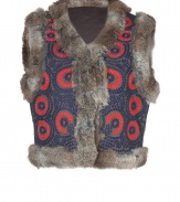 Inject a luxe edge into your worldly wardrobe with Antik Batiks textural embroidered vest, detailed with taupe rabbit fur trim for an exquisitely chic finish - Collarless V-neckline, hidden front hook closures - Contemporary cropped, straight fit - Pair with leather leggings and impossibly cool accessories