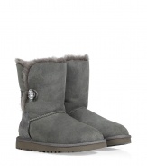 A glamorous twist on a venerable classic, the UGG Australia Bailey Bling boot is a welcome addition to your cold weather casual wardrobe - Crafted from twin-faced sheepskin and featuring exposed seams, reinforced heel, traction outsole and signature UGG label, crystal button and elastic band closure - Fleece-lined for superior warmth and comfort, traditional mid-calf height - Truly versatile, perfect for pairing with everything from skinny jeans to yoga pants to miniskirts