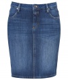 With its cool washed denim and casual styling, Closeds jean pencil skirt is both flattering and easy-to-wear - Four pocket style, zip fly, button closure, belt loops, kick pleat - Form-fitting - Wear with a chunky knit pullover, flats and a leather carryall tote