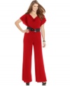 Hustle onto the jumpsuit trend with AGB's flutter sleeve plus size style, featuring a belted waist.