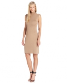 Calvin Klein's mock-neck sheath is precision-cut and adorned with shiny gold buttons at the shoulder.