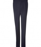 Add a high style kick to your black tie look with these modernized navy tuxedo pants from Marc Jacobs - Flap front, buttoned waist tabs, off-seam pockets, contrasting black panel at leg, back welt pockets with buttons, creasing at leg, slim fit - Pair with a matching jacket, or edge it up with a tee and a leather biker jacket