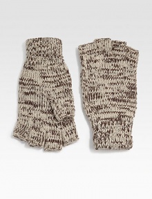 A pair of fingerless gloves knitted from a marled wool-blend keeps hands warm and toasty with easy access to your everyday essentials.About 9 long70% wool/30% acrylicDry cleanImported