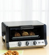 Cuisinart brings form to function with this high-style toaster oven in black with brushed stainless steel. Three simple selection dials control timing and temperature. Easy-to-clean bake and broiler trays. Slide-out crumb tray. Measures 16 x 18-1/4 x 10-3/4. Model TOB-50. Three-year manufacturer's warranty.