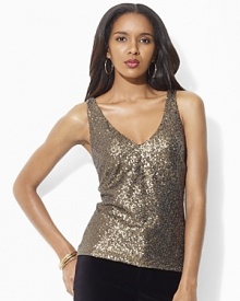 All-over glistening sequins lend an eye-catching allure to the Verra tank, crafted with a dramatic v neckline at the front and back for an effortlessly festive finish.