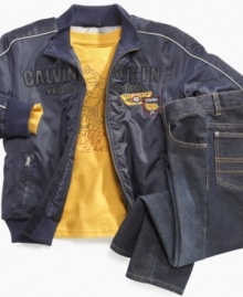 Get your little boy into high gear and he'll rev with this 3 piece set from Calvin Klein. It includes a long sleeve t-shirt and an auto racing team jacket to top it off. Plus a pair of everyday jeans is included in this set.